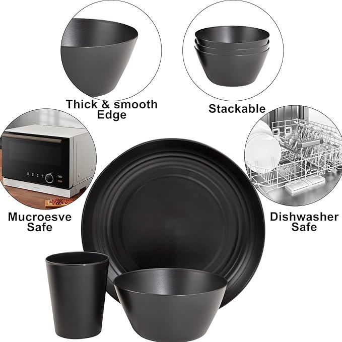 LIYH 48 Pcs Black Wheat Straw Plates and Bowls Dinnerware Set Camping Dish Set for 12,Plastic Plates and Bowls,Dishwasher Safe Dinnerware Set,Unbreakable Plastic Camper Dish Sets