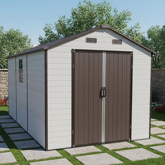 8x14ft Resin Outdoor Storage Shed with Floor and 2 Windows, Plastic Sheds & Outdoor Storage Clearance for Patio Furniture, GardenTools, Bike Accessories and Lawn Mower, Brown+White