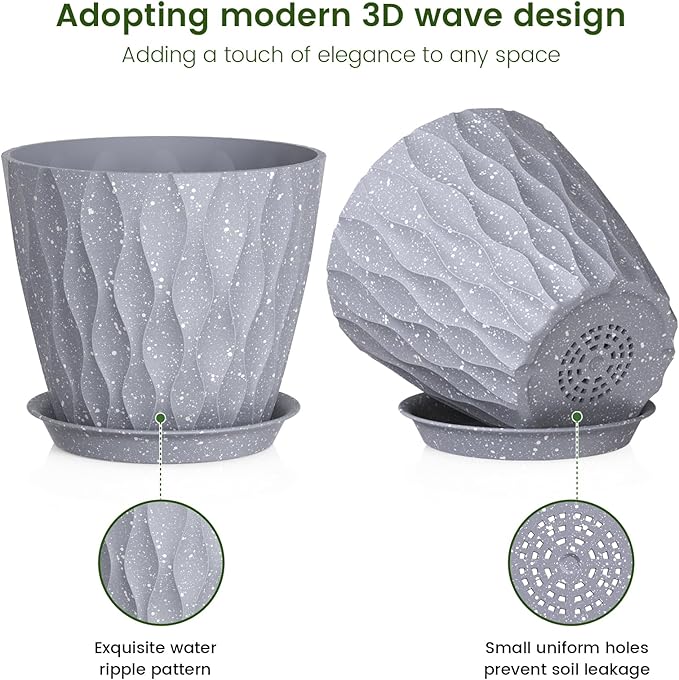7 inch Plant Pots for Indoor Outdoor Plants, 5 Pack Thick Flower Pots with Drainage Holes and Saucers, 3D Modern Wave Texture Plastic Planter Nursery Pots, Speckled Grey