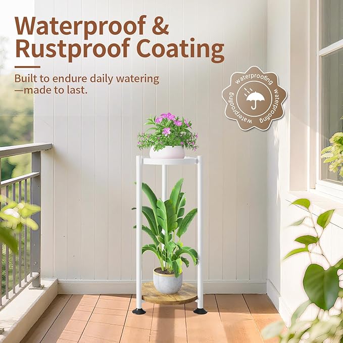 LASZOLA 2 Tier White Plant Stand Indoor for Large Tall Heavy Duty Flower Planter, Metal Vertical Multi Level Rack for Narrow Floor Corner, Sturdy Round Holder Organizer, Modern, Mid Century, Farmhouse