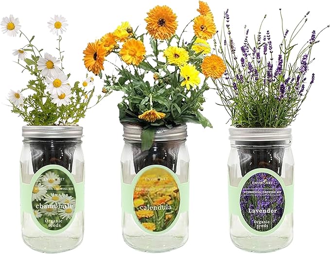 Hydroponic Herb Growing Kit Set, Self-Watering Mason Jar Herb Garden Starter Kit Indoor, Grow Your Own Herbs from Seeds (Calendula, Chamomile & Lavender)