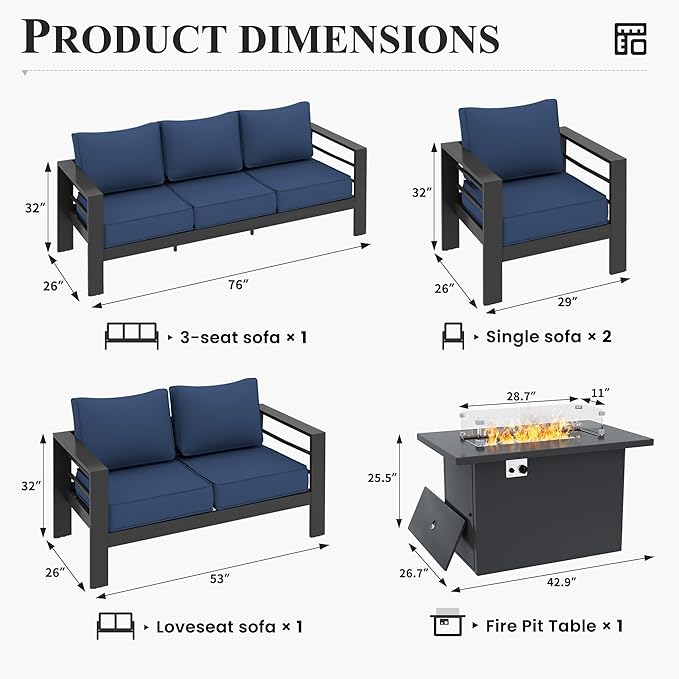Patio Furniture Set with Fire Pit Table, Aluminum Patio Furniture Set,Grey and Blue Outdoor Metal Sectional Sofa with Aluminum Fire Pit Table for Garden Backyard (Include Waterproof Cover)