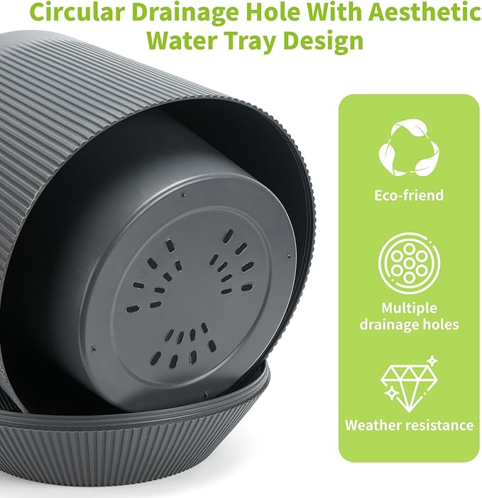 Plant Pots，Set of 2 Plastic Large Pots for Indoor Plants,Flower Pots Outdoor Planters with Drainage Hole and Seamless Saucer,(Gray 15Inches)