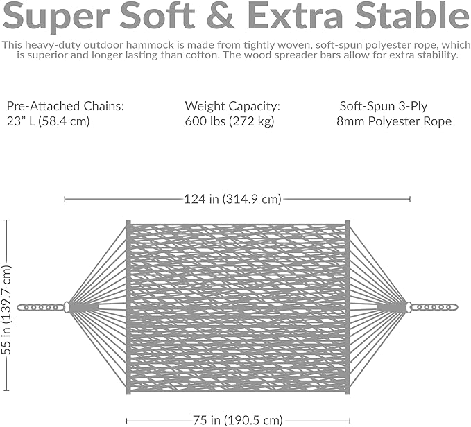 Sunnydaze Soft-Spun Polyester Rope Double Hammock for Outside - 600-Pound Weight Capacity Extra Large Hammock - Red