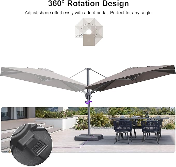 PURPLE LEAF 10' X 6.5' Swivel Outdoor Patio Aluminum Umbrella with Base Left-right Tilting Cantilever Offset Umbrella with UV Resistant Heavy Duty Fabric for Deck Pool Patio Backyard, Ash Mocha