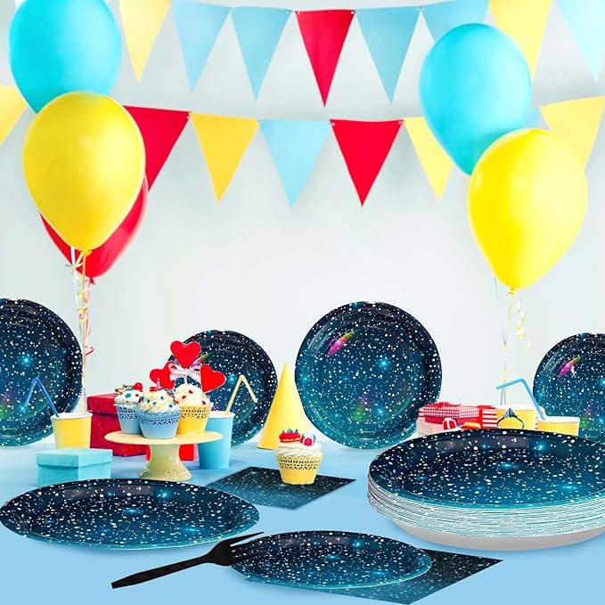 96Pcs Galaxy Party Supplies Iridescent Space Stars Birthday Plates and Napkins Tableware Sets Blue Starry Night Sky Decorations Favors for Mens Boys Baby Shower Galaxy Theme Party Decor Serves 24
