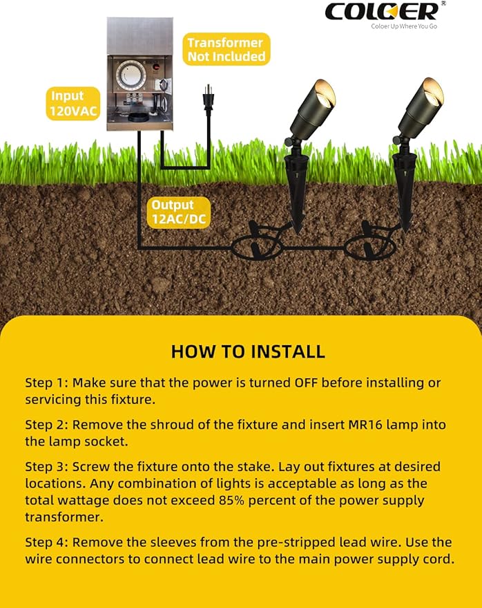 COLOER Die-cast Brass Low Voltage Spotlight 1-Pack with 5W Aluminum Housing MR16 LED Bulb 2700K 450LM CRI85+,12V AC/DC Outdoor Landscape Lighting, Directional Garden Patio Spot Up Light(101B)