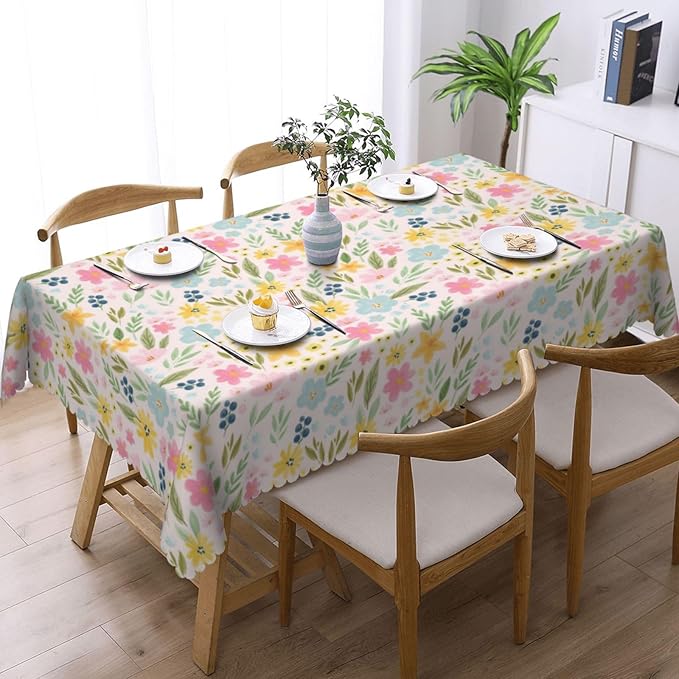 Cute Floral Table Cloth for Dining Tables, Reusable Boho Spring Flowers Tablecloths Rectangle Decoration Kitchen Colorful Wildflowers Summer Table Cover for Holiday,Party,Picnic,54x72Inch