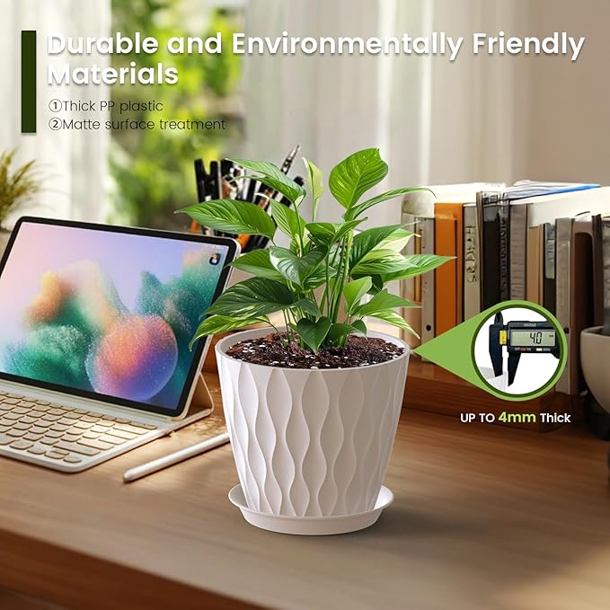 7 inch Plant Pots for Indoor Outdoor Plants, 5 Pack Thick Nursery Pots with Drainage Holes and Saucers, 3D Modern Wave Texture Plastic Planter Pots for Flowers and House Plants, White