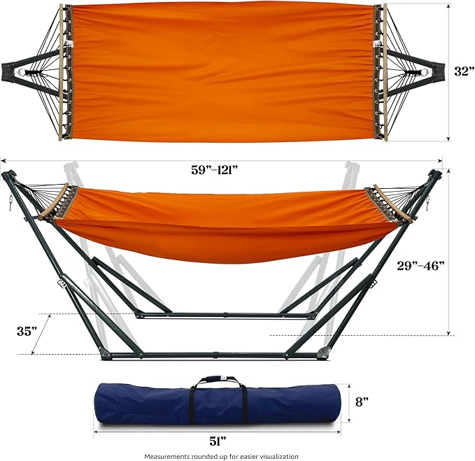 Tranquillo Sturdy Steel Hammock with Stand Premium Cotton Canvas Hammock, 600 lbs Capacity Hammock Stand Folding, Portable 30-Second Fold Unfold Hammock for Camping, Orange