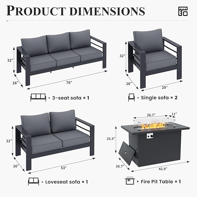 Patio Furniture Set with Fire Pit Table, Aluminum Patio Furniture Set,Grey Outdoor Metal Sectional Sofa with Aluminum Fire Pit Table for Garden Backyard (Include Waterproof Cover)