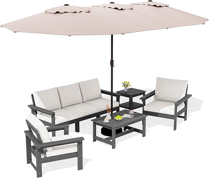 SERWALL HDPE Patio Furniture Set with 15FT Double Side Patio Umbrella, 7-Piece Outdoor Modular Sectional Sofa Set, All Weather Patio Couch Set for Deck, Lawn, Gray & Beige（Umbreall Base not Included）