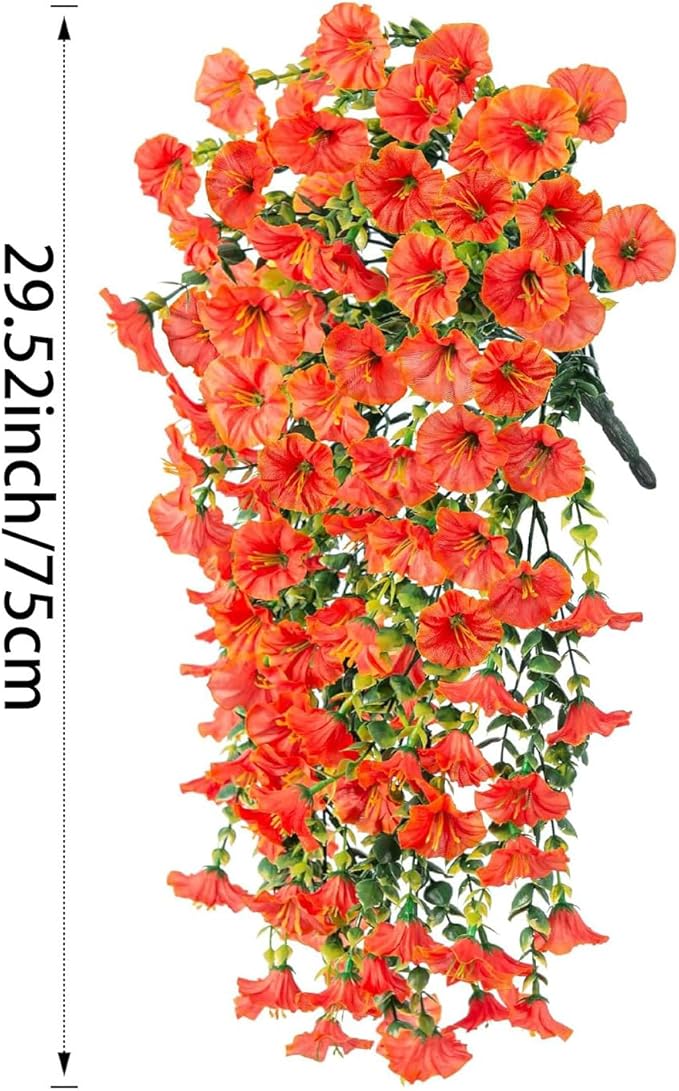 6-Pack Outdoor Faux Plants, 69-Flowered Large Morning Glory, Uv-Resistant Artificial Morning Glory,Perfect for Outdoor Decoration in All Seasons Such as Porches and Gardens (Orange)
