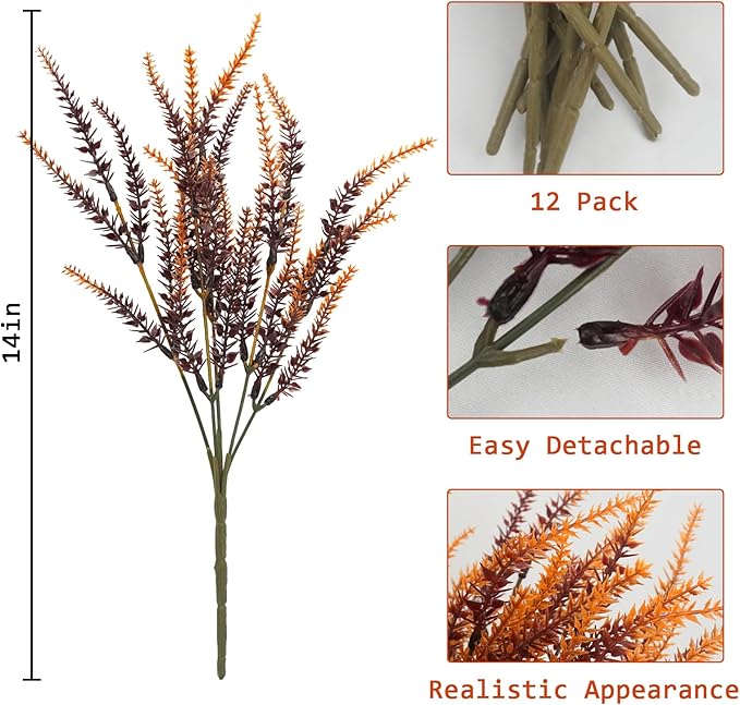 12 Bundles Artificial Fall Flowers Outdoors Fake Fall Lavender Flowers UV Resistant Plastic Faux Fall Plants for Indoor Home Porch Autumn Thanksgiving Fall Decorations (Brown)
