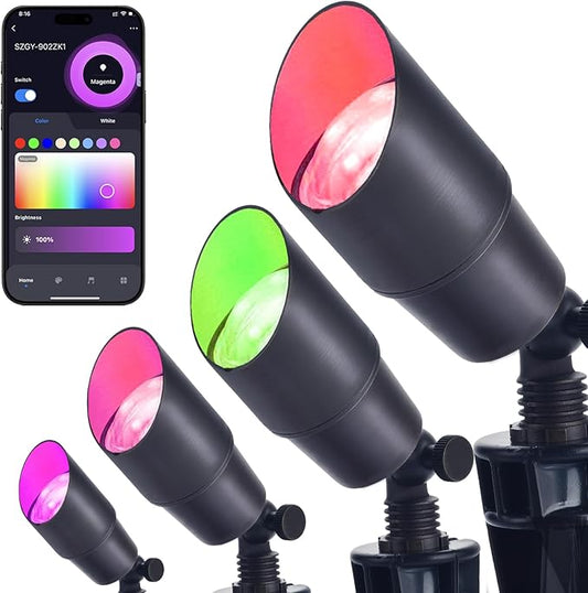 RGB Landscape Lighting, Smart Low Voltage Landscape Lighting Kit with Color Changing, 4 Pack 12 Volt Landscape Lights, Outdoor Spot Lights for Yard Garden Lighting,Remote/APP/Voice Control.