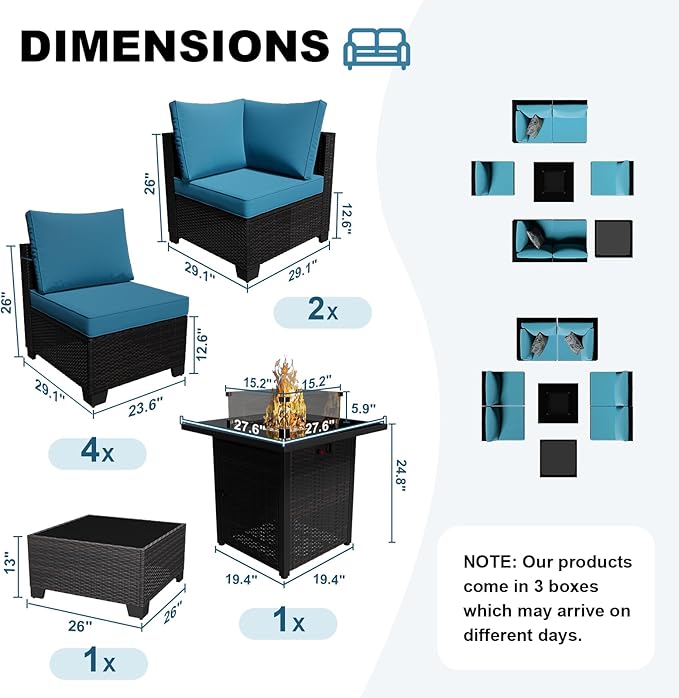 Patio Furniture Set with Fire Pit Table, 8-Piece Outdoor Furniture Set with Thick Cushions, Wicker Sectional Sofa for Porch Garden Backyard, Brown/Peacock Blue