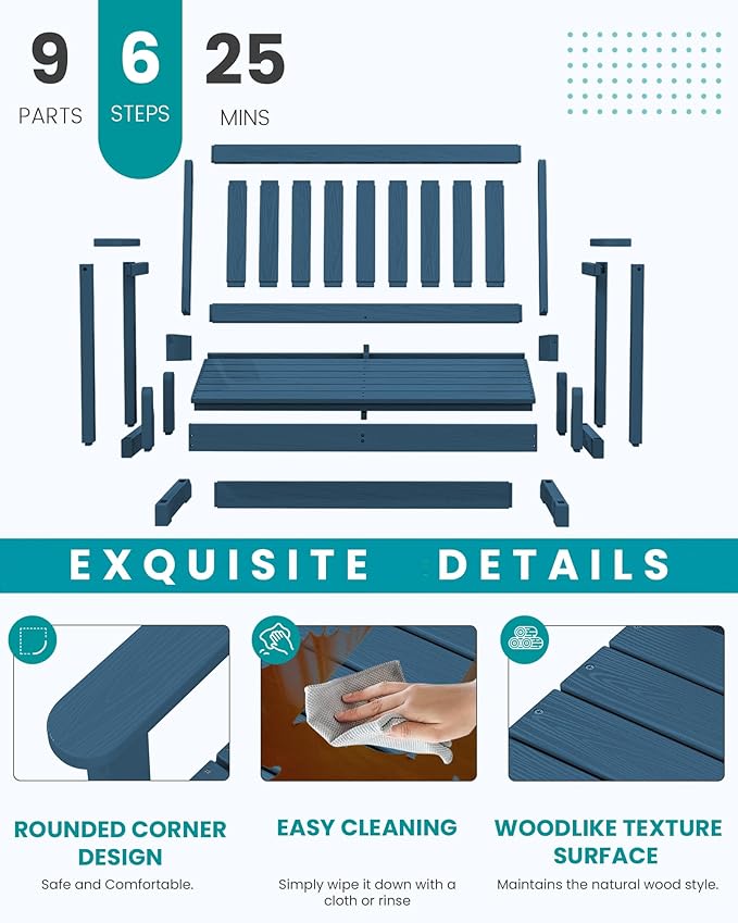 SERWALL Outdoor Glider Bench Set of 2, HDPE Weather-Resistant Swinging Bench for Backyard Garden Porch, Navy Blue