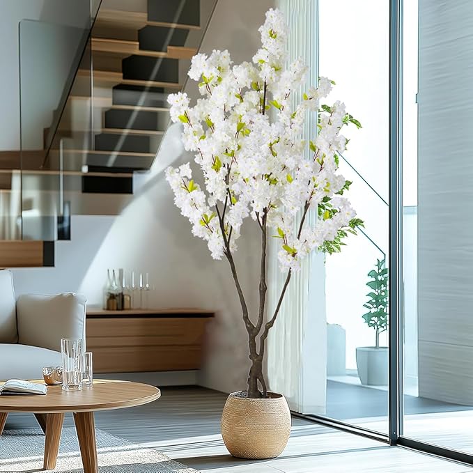 Artificial White Cherry Blossom Tree 6ft(72in) Faux White Flower Tree Indoor Decor Handmade Natural Fake Cherry Tree for Wedding Realistic Cherry Blossom Plant for Home,Living Room,Office Decor