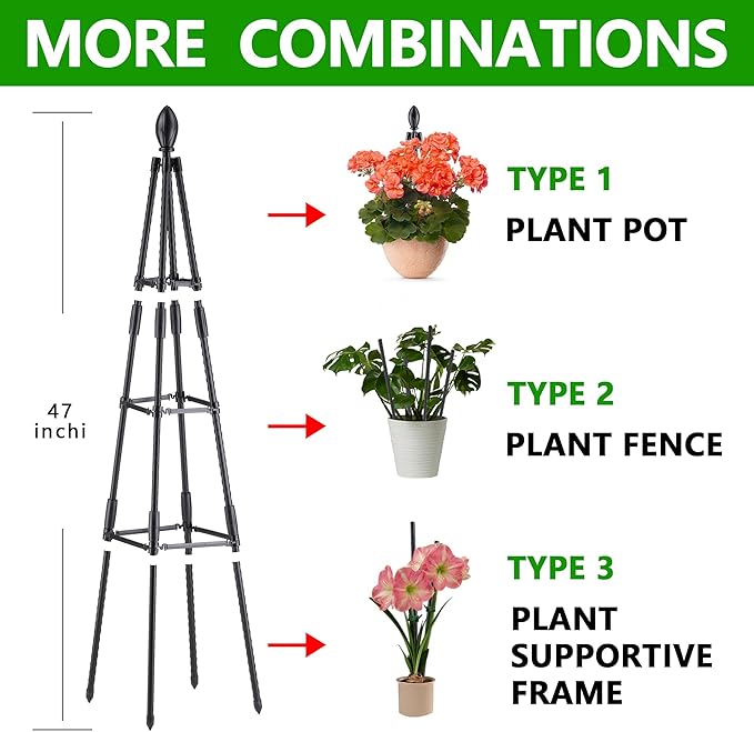 4 Ft Tower Obelisk Trellis for Potted Climbing Plants, Garden Trellis Rustproof Plastic Coated Metal Plant Support for Vegetables, Vines and Rose Bushes