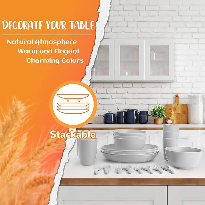 Dinnerware Sets 20 pcs, Wheat Straw Plates and Bowls Sets with Cups Service for 4, Unbreakable Reusable Plastic Plates Set for Kitchen, Office, Travel, Camping - Gray
