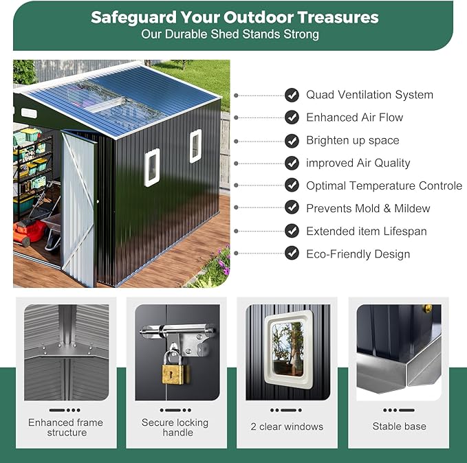 WACASA Metal Shed 10x10 with Floor Kit Sheds Outdoor Storage, Natural Lighting Tool Sheds with Translucent Roof Panels, Windows, Lockable Doors, Ideal for Garden, Backyard, and Patio