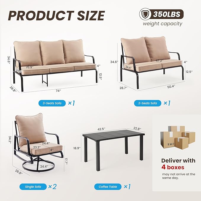 Soohow Outdoor Patio Furniture Set, 5 Piece Patio Furniture Set, 2 x Swivel Chair, 1 x 3-Seats Sofa, 1 x 2-Seats Sofa, and 1 x Coffee Table, Metal Conversation Set for Porch, Balcony, and Backyard