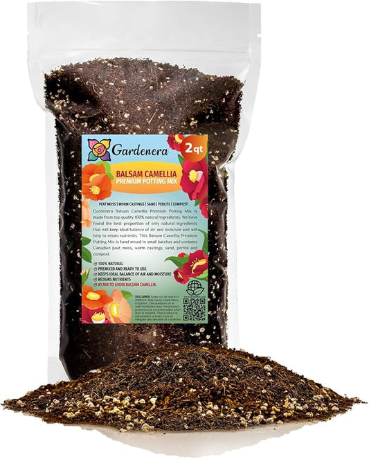 Gardenera Premium Balsam Camellia Potting Soil Mix - Perfect Balance of Nutrients, Drainage, and Aeration for Thriving Blooms - 2 Quart