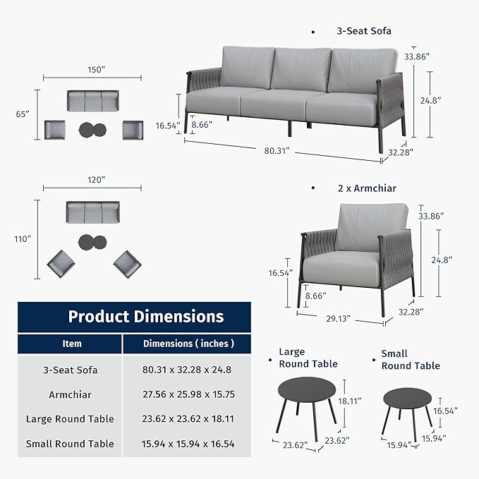 EAST OAK Patio Furniture Set Life Chatter 5-Seat Outdoor Furniture Deep Seating & Two Coffee Tables Waterproof Extra-Thick Cushions Porch, Balcony & Backyard Grey