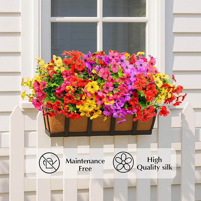 Artificial Flowers for Outdoors, 12 Bundles Outdoor Faux Plants,Uv Resistant Artificial Fake Flowers Plants, Realistic Spring Decor for Porch, Patio, Yard (RedYellowPurple)
