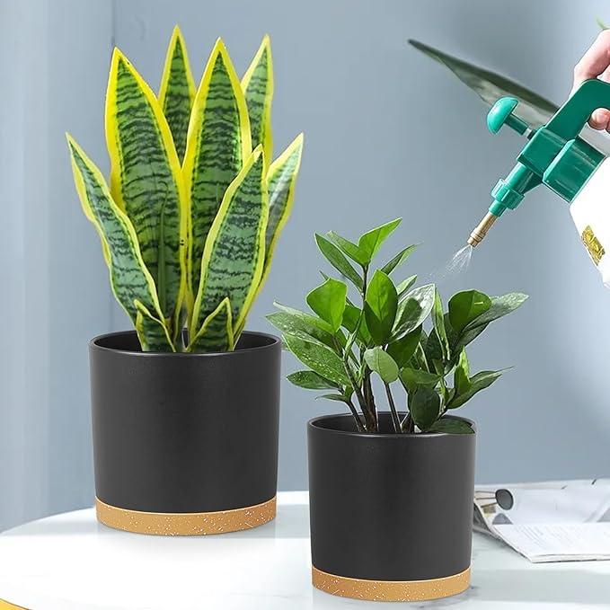 10/8/6 inch Large Deep Plant Pots for Outdoor Indoor Plants, 3 Pack Tall Cylinder Flower Pots with Drainage Holes and Saucers, Big Plastic Planter Pots for Garden House Porch, Black with Brown