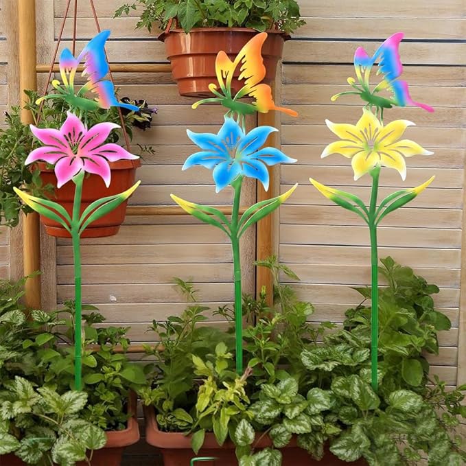 Metal Flowers for Outside, 30.3-22.4" 3-Pack Metal Colorful Butterfly & Flower Decorative Garden Stakes for Spring Garden Decor, Yard Art Decorations for Patio Lawn Ornaments
