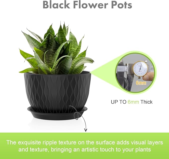 12/10/9 inch Large Plant Pots, 3 Pack Wide Flower Pots for Outdoor Indoor Plants with Water Ripples, Big Plastic Planters with Drainage Holes and Saucers for Garden House Plants, Black