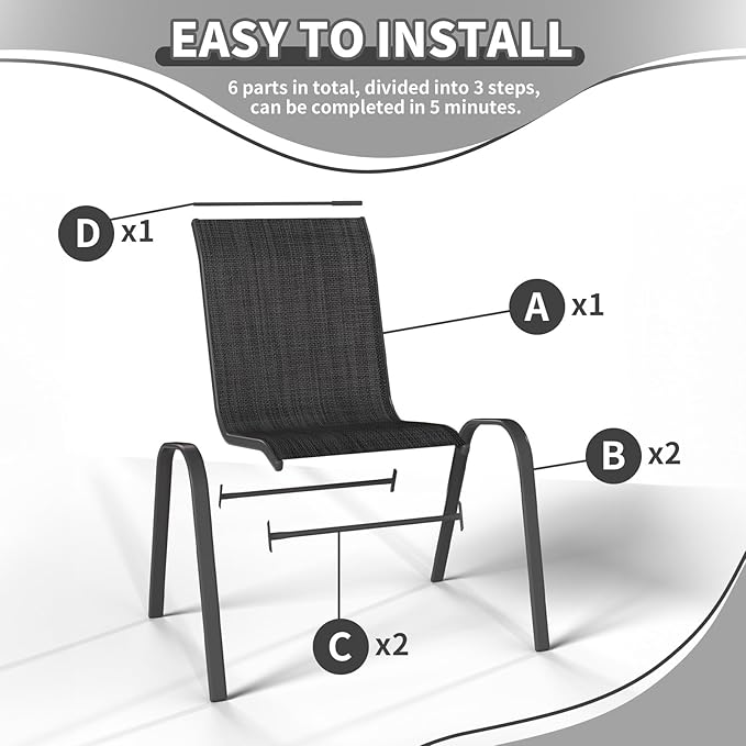 Patio Dining Chairs Set of 2, Outdoor Stackable Chairs, Breathable Seat and Alloy Steel Frame Fit for Backyard,Garden,Porch, Lawn，Poolside (Dark Grey)