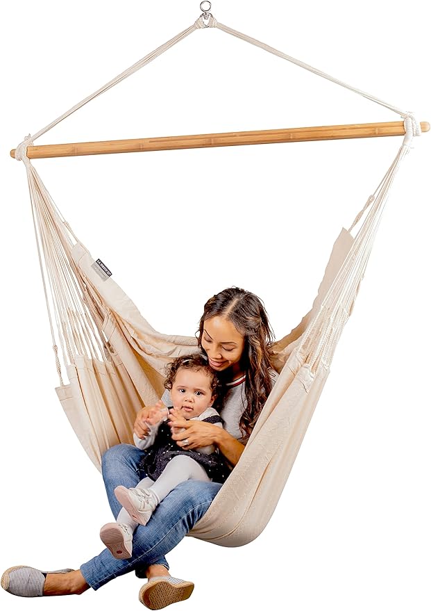 La Siesta® - XL King Habana Cotton Hanging Hammock Chair, Indoor Outdoor Hammock Swing Chair, Boho Hanging Chair Bedroom Patio, Max 355 Lbs, Latte