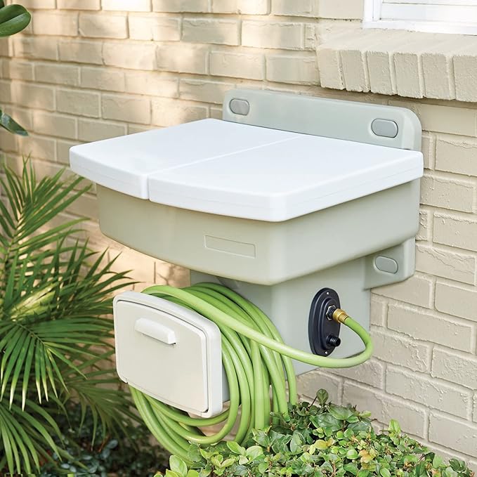 BrylaneHome Outdoor Wall Mounted Outdoor Garden Sink w/Hose Holder - No Plumbing Required Mountable Outdoor Faucet - White