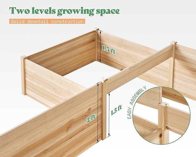 AMERLIFE 12x12x2 FT Wooden Raised Garden Bed, H-Shaped Planter Box with Double-Layer Design, 180 Cu. Ft Capacity for Outdoor Patio & Backyard