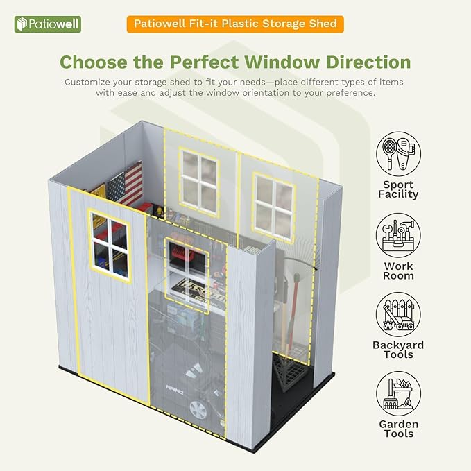 Patiowell 4 x 4 FT Plastic Outdoor Storage Shed with Floor, Garden Tool Shed with Two Windows and Single Lockable Door for Garden, Backyard, Lawn, Easy to Install (Light Gray)