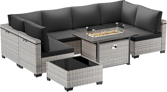8-Piece Modern Patio Conversation Set with 55,000 BTU Fire Pit Table, Thick Cushions, Upgraded Rattan, Reinforced Frame