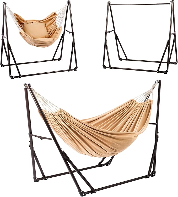 Multifunctional Hammock with Foldable Steel Stand,Swinging Chair,Adjustable,Airer,Carrying Bag Included, 616 lbs Weight Capacity, Portable Suitable for Outside Garden Yard Outdoor Inhouse Ecru ﻿ ﻿