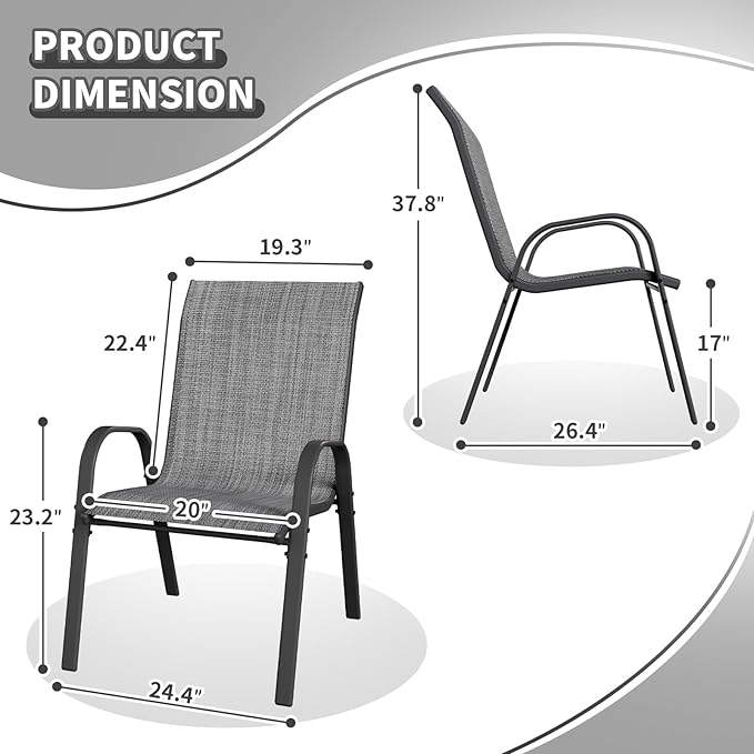 Patio Dining Chairs Set of 4, Stackable Dining Chairs High Back, Breathable Seat Fabric and Alloy Steel Frame for Backyard, Porch, Garden, Sunroom (Grey)