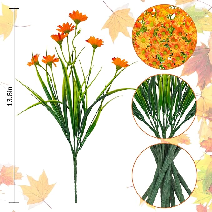 Uieke 24 Bundles Artificial Flowers for Outdoors - UV Resistant Fake Daisy Mums Faux Fall Flowers No Fade for Home Garden Patio Autumn Decor - Orange Yellow