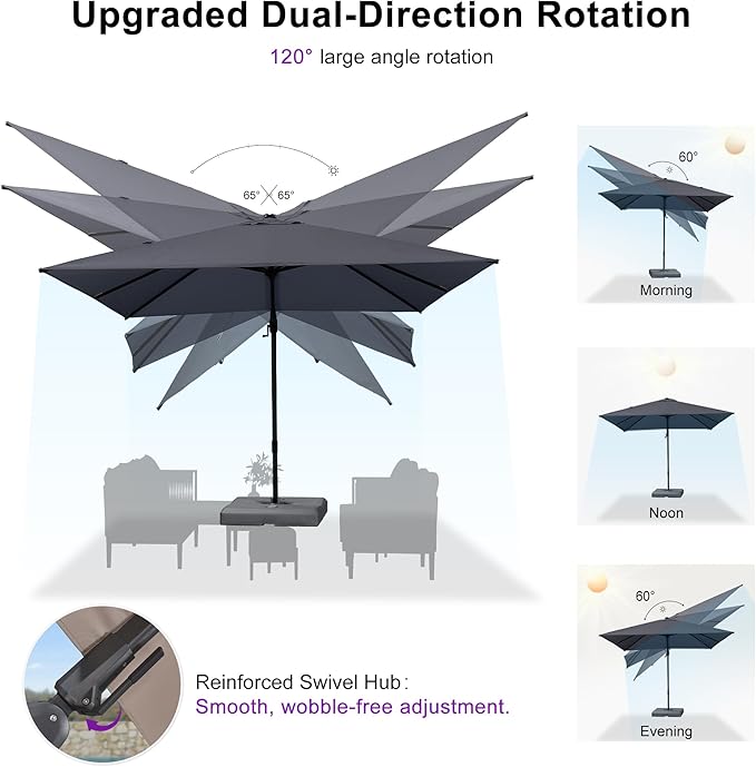 PURPLE LEAF 11' X 8' Swivel Outdoor Patio Aluminum Umbrella with Base Left-right Tilting Cantilever Offset Umbrella with UV Resistant Heavy Duty Fabric for Deck Pool Patio Backyard, Graphite Grey