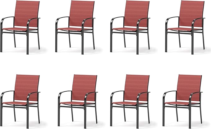 8 Pieces Outdoor Textilene Dining Chairs,Patio Dining Chairs Set, Fixed Patio Chairs with Armrest, Red