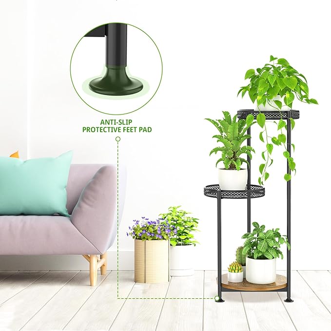 3 Tier Large Plant Stand Indoor Outdoor Clearance, Metal Flower Shelf Pot Holder, 10in Wide Multiple Plants Tall Corner Display Rack for Patio Orchid Office Porch Living Room Garden, Black