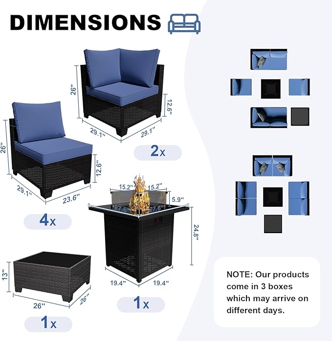 Patio Furniture Set with Fire Pit Table 28", 8-Piece Outdoor Furniture Conversation Set with Cushions, Wicker Sectional Sofa for Porch Garden Backyard, Brown/Blue