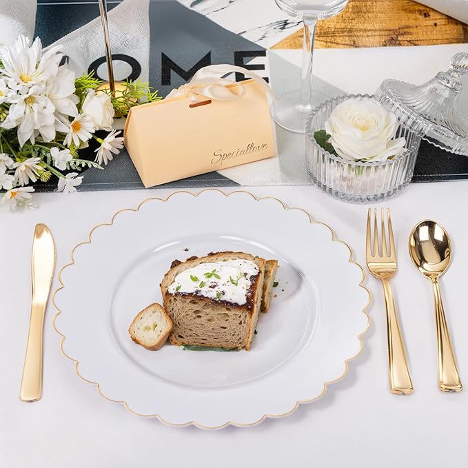 SUT 72 Pcs White Plates Disposable, White Plastic Plates With Gold Trim, 10.25 Inch Gold Dinner Plates, Fancy Plastic Plates, Plates Disposable Heavy Duty for Wedding, Parties, Banquets