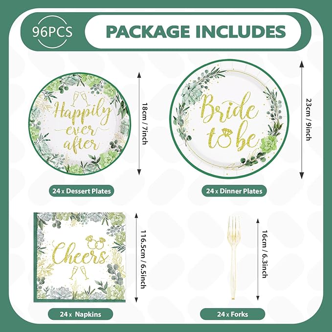 96Pcs Bridal Shower Party Supplies Sage Green Bride to Be Plates and Napkins Eucalyptus Leaves Tableware Sets Wedding Party Decorations for Engagement Bachelorette Miss to Mrs Party,Serves 24