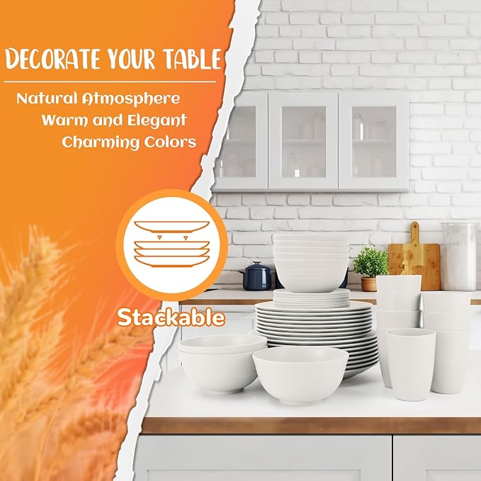 40 PCS Wheat Straw Dinnerware Sets, Service for 8 - Dinner Plates, Cereal Bowls, Drinking Glasses, Unbreakable Plastic Plates and Bowls Sets, Dishwasher and Microwave Safe for Kitchen - White
