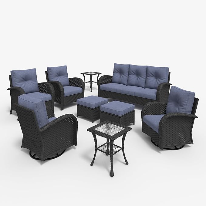 LayinSun 9 Pieces Outdoor Patio Furniture Set, Rattan Wicker Sectional Swivel Rocker Chairs Sets