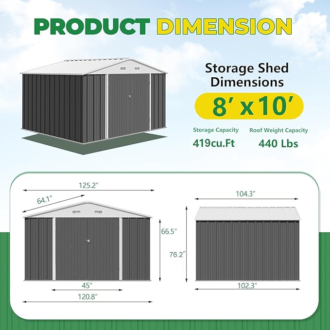 Devoko 8 x 10 FT Outdoor Storage Shed, Metal Garden Sheds & Outdoor Storage Clearance, Large Tool Shed Outdoor with Single Lockable Door for Patio Lawn Backyard (Gray)